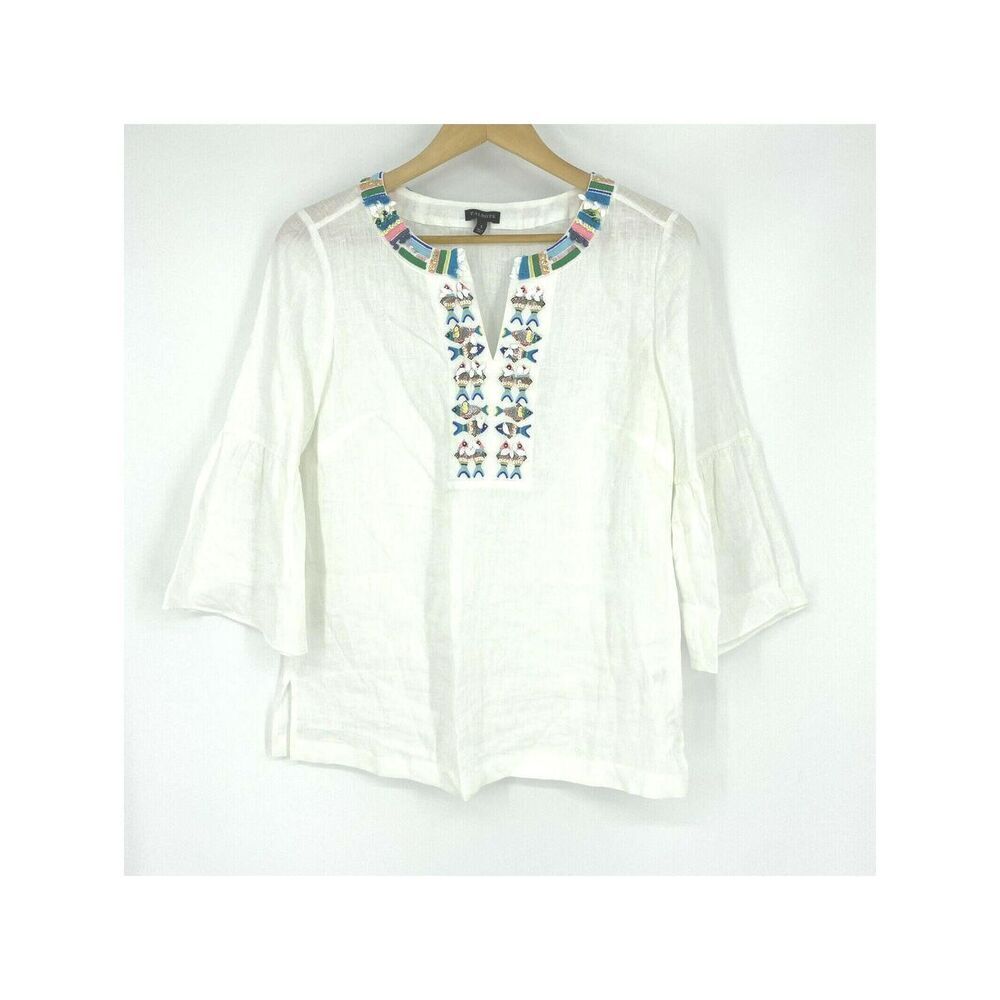 Talbots Shirt Size Small Womens White Embroidered Fish Linen Top Bell Sleeve
